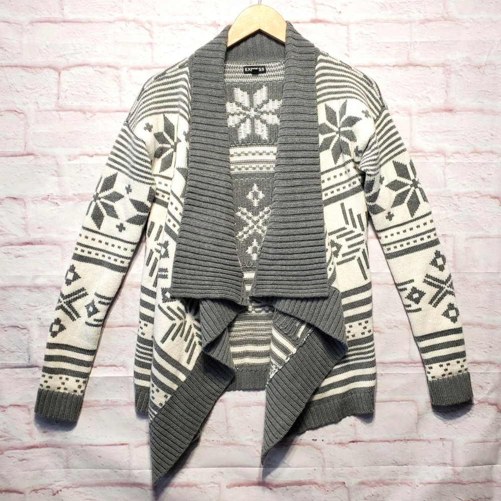 Express Sweater Womens Small Gray White Snowflake Fair‎ Isle Open Front Cardigan